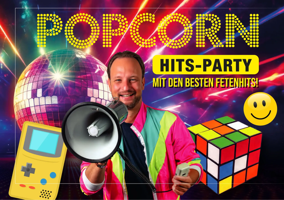 Als Moderator führt er mit Humor, Energie und Professionalität durch den Abend und schafft Momente, die in Erinnerung bleiben. Eigene Show‑Formate für Events Popcorn Hits‑Party. Die besten Hits der 80er, 90er und 2000er kombiniert mit einer auffälligen XXL‑Deko aus Rubik‑Würfeln, Kassetten, Rollschuhen, Gameboys und Discokugel. Ideal für Firmenanlässe, Festivals und private Partys. Ein Format mit garantiertem 100 % Partyfeeling.
